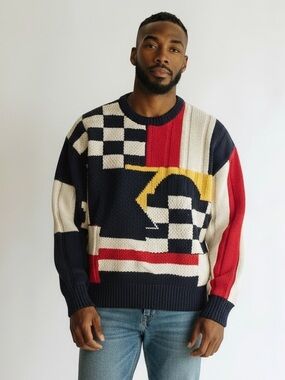 Vintage Nautica Hand Knit Cotton Crewneck Sweater Multi-Color Geometric Size L